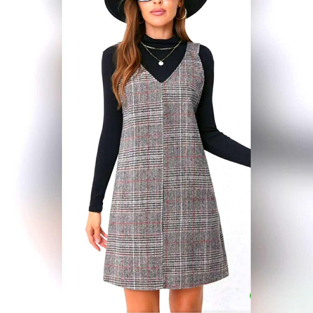 Tweed plaid loose V-neck dress Size M/L